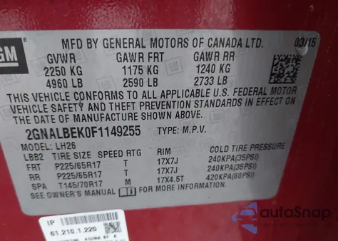 2015 Chevrolet Equinox 1Lt z USA, uszkodzony, nr VIN 2GNALBEK0F1149255